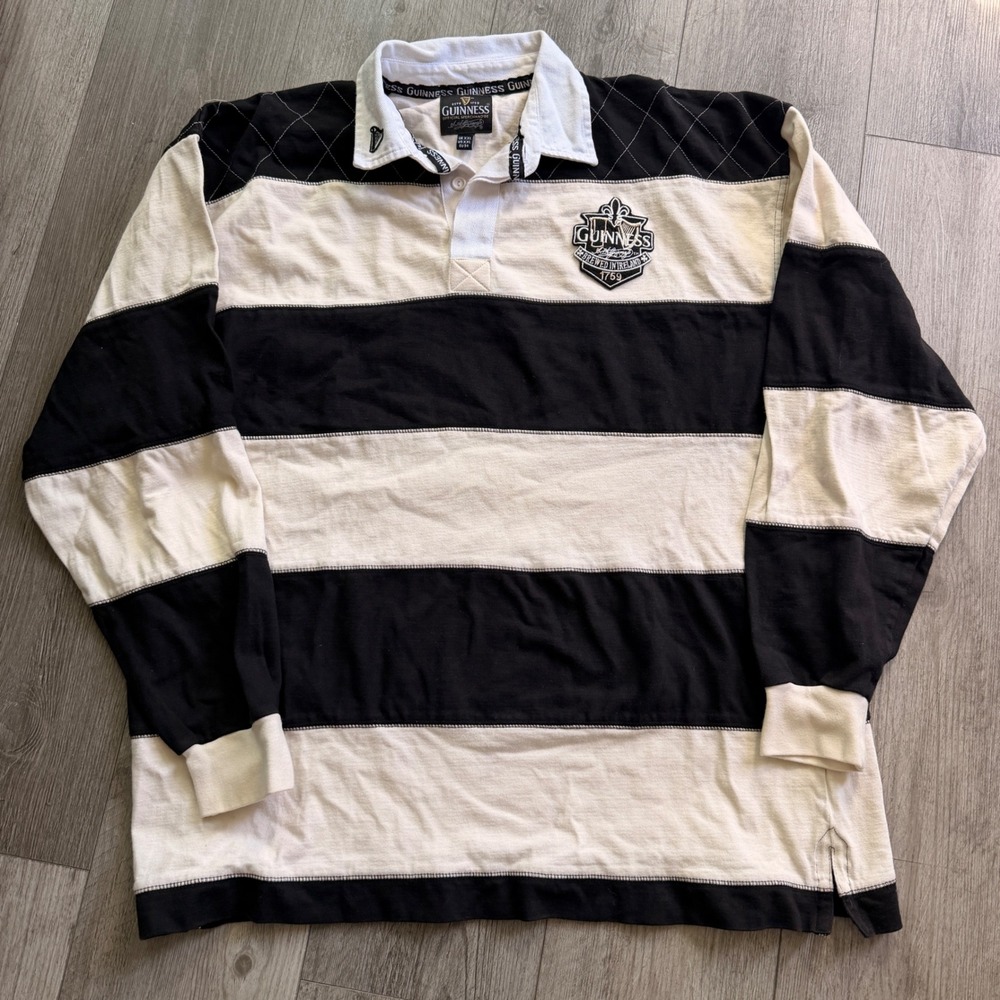 Y2K Guinness Rugby Shirt XXL Official Merch Black Cream Stripe Embroidered Crest